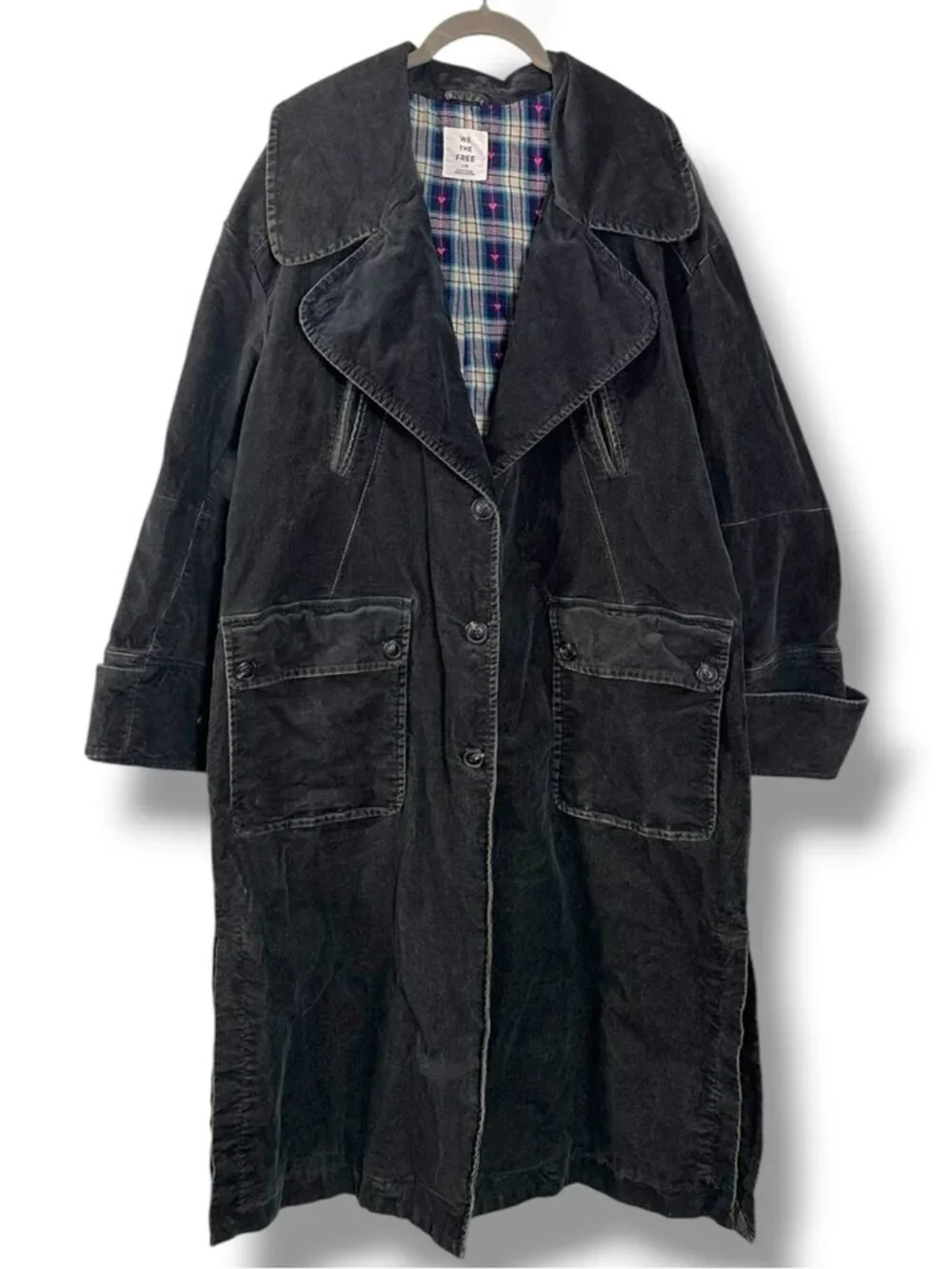 Free People Retro 70s Fox Cord Corduroy Duster Trench Coat Dark Charcoal Large